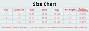 Detailed size chart for sexy evening dress including length, bust, waist, and hip measurements