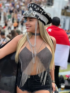 Silver rhinestone mesh halter top with long fringes and matching diamond accessories