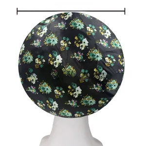 Detail view of floral satin sleep bonnet showing 30cm flat lay dimension on mannequin