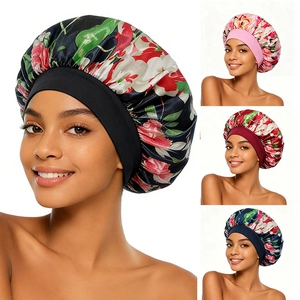 Bonnet de Nuit en Satin Imprimé Floral pour Femmes Large Bande Élastique Soin des Cheveux Protection Nocturne Bonnet Beauté