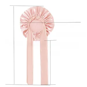Pink satin sleep cap detail showing 36cm and 42cm diameter sizes with long tie straps
