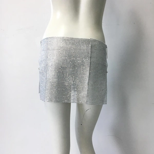 Detail of silver sequin metal mesh mini skirt with adjustable side chain for party wear