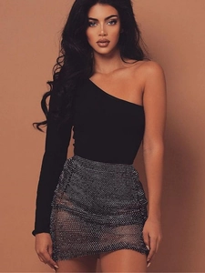 Sexy silver rhinestone mesh mini skirt and black one-shoulder top for party wear