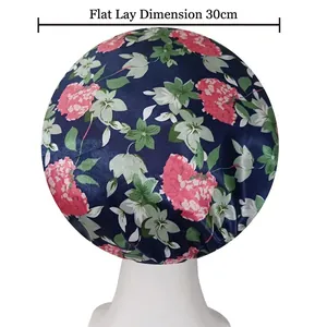 Floral print satin sleep cap for hair care with elastic wide band and 30cm flat diameter