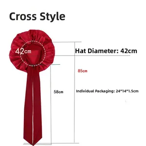 Size specifications of red satin bonnet with long ribbons showing 42cm diameter