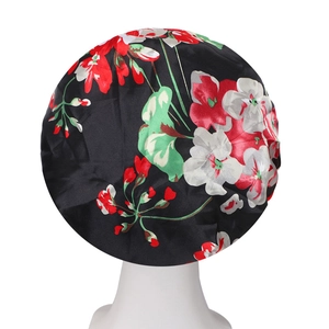 Floral print satin sleep bonnet with wide elastic band for curly hair protection