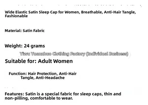 Detailed specs of printed satin hair bonnet: 24g single-layer, breathable, anti-pilling fabric