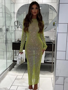 Sparkly rhinestone sheer mesh maxi dress in neon yellow for evening party and night club