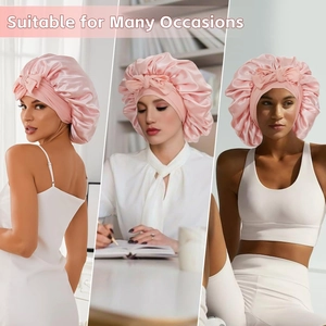 Pink satin silk sleep cap with decorative bow and elastic wide band for hair care