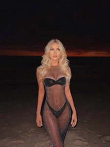 Sexy sheer silver rhinestone mesh dress with black bikini set for evening party night