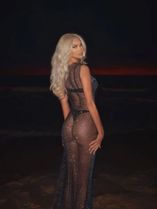 Elegant sleeveless mesh see-through evening dress with high-density sparkling rhinestones