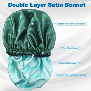 Detail of double-layer satin bonnet showing elastic band and soft polyester fabric texture