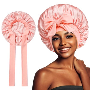 Women Large Bow Satin Sleep Bonnet Silk Like Hair Care Night Cap With Wide Elastic Ribbon Band Adjustable Beauty Bonnet