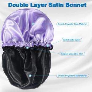Detailed view of dual-layer purple satin bonnet with wide elastic band and wave trim