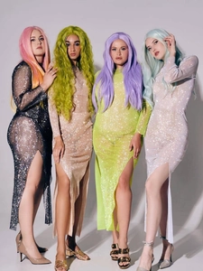 Women Sexy Rhinestone Mesh Fishnet Maxi Dress Long Sleeve Hollow Out Bodycon Nightclub Party High Split Long Dress