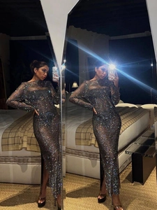 Sexy black fishnet bodycon dress with sparkling rhinestones and long sleeves for parties