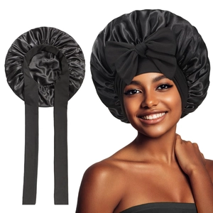 Black satin hair bonnet with wide elastic band and large bow for hair protection