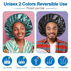 Detail of reversible satin sleep cap with elastic band for hair care in black and green