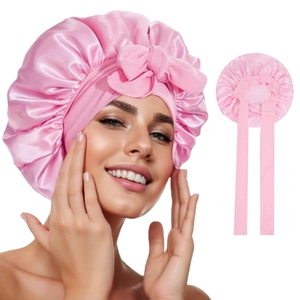 Women Satin Sleep Bonnet Large Bow Elastic Ribbon Tie Hair Care Cap Soft Night Sleep Hat Head Wrap Hair Protection