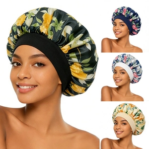 Women Satin Floral Printed Sleep Cap Wide Elastic Brim Hair Care Bonnet Nightcap For Sleeping Home Daily Headwear Soft Head Cover
