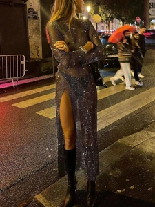 Sexy black fishnet dress with sparkling rhinestones and a high side slit for party wear