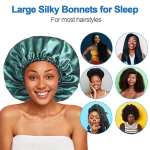 Detail view of large silky sleep bonnet showing compatibility with diverse hairstyles