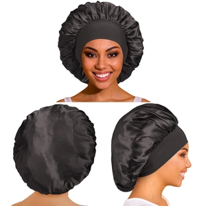 Three-view display of black satin sleep bonnet with elastic wide band for hair care