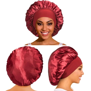 Three-view display of wine red satin sleep bonnet with wide elastic band on head