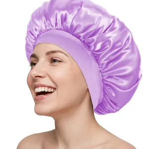 Lila Satin-Schlafhaube für Damen mit breitem Gummiband zum Schutz der Haare im Schlaf