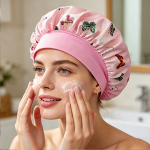 Women's Satin Butterfly Print Sleep Bonnet Wide Elastic Band Hair Care Nightcap Protection Cap For Sleeping Skincare