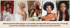 Collage of diverse patterns of double-layered silk sleep bonnets with adjustable ribbons