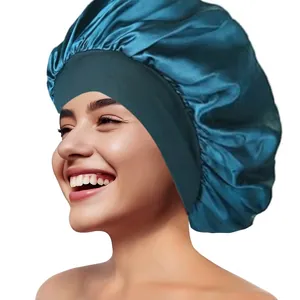 Pfauenblaue Satin-Schlafmütze mit breitem Gummiband für Haarpflege und nächtlichen Komfort