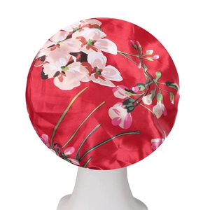 Red satin floral sleep cap with cherry blossom print and elastic wide band for hair care