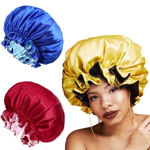 Double-layered satin sleep bonnets in three color sets with elastic bands for hair care