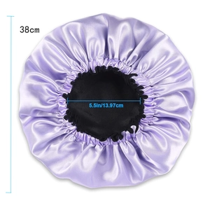 Light purple satin sleep bonnet with black lining and 38cm diameter size specifications