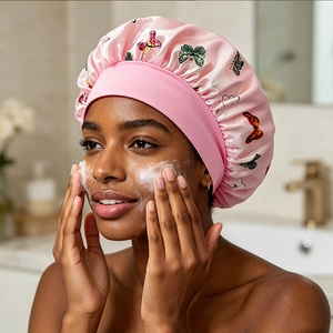 Macro detail of pink satin sleep cap with butterfly print on a model in a bathroom