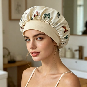 Detail of silk-like sleep bonnet featuring colorful butterfly prints and wide elastic band