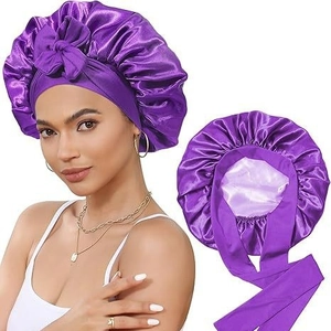 Double-layer satin sleep bonnet for women featuring a stylish bow and wide elastic band