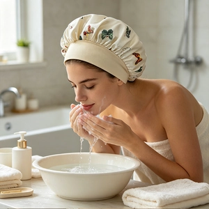 Detail of satin hair bonnet with butterfly print on a model in a bright bathroom