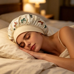 Close-up of a satin sleep cap with butterfly print and wide elastic band for hair care