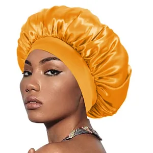Goldorangefarbene Satin Schlafmütze mit breitem Gummiband für Damen zur Haarpflege