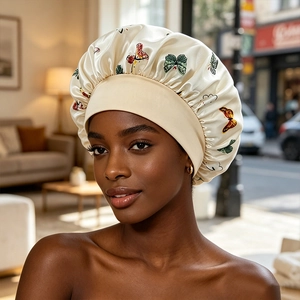 Detailed view of cream satin hair bonnet with colorful butterfly print and wide elastic band