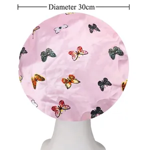 Pink satin sleeping cap with colorful butterfly prints and elastic wide band, 30cm size