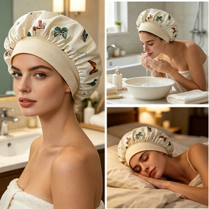 Silk satin sleep cap with butterfly print and wide elastic band for hair protection
