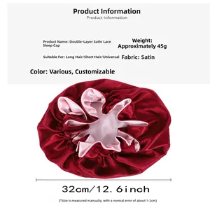 Detail of 32cm double-layered satin bonnet showing ruffled edges and wine red fabric