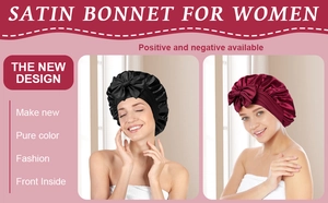 Detail of satin bonnet featuring a large bow and wide elastic band for hair protection