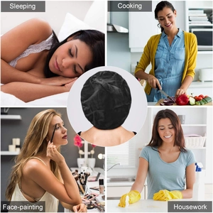 Black satin hair bonnet for sleeping, cooking, and makeup shown in four versatile scenes