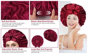 Macro detail showing the burgundy satin fabric texture and flexible headband of the sleep cap