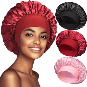 Silky satin wide-band sleep caps for hair care in burgundy, black, and pink colors
