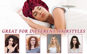 Detail of burgundy satin sleep bonnet with bow, suitable for various hair types